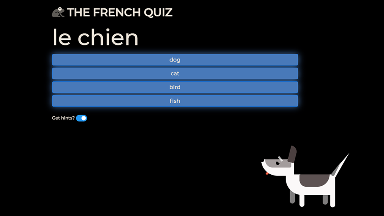 French Quiz: A JavaScript multiple-choice web app that provides a helpful tail wag.